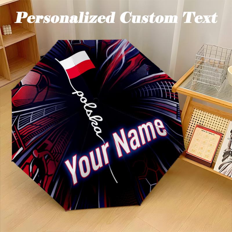 8 Rib Auto Folding Umbrella Poland Print Custom Name Text Portable Rain Gear