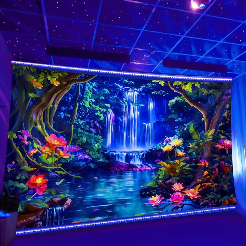 2D Blacklight Waterfall Tapestry Psychedelic Forest Wall Hanging for Bedroom Decor