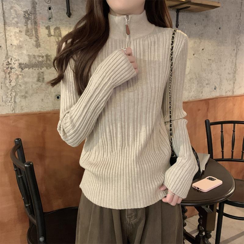 Pit Strip High-end Sweater Women's Autumn and Winter New Slim-fit Zipper Semi-turtleneck Knitted Bottoming Shirt Top