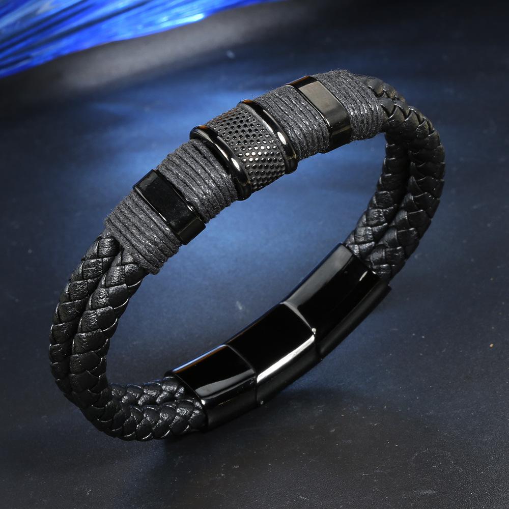 Leather stainless steel bracelet, top and bottom buckle accessories, genuine leather bracelet, men's bracelet jewelry.