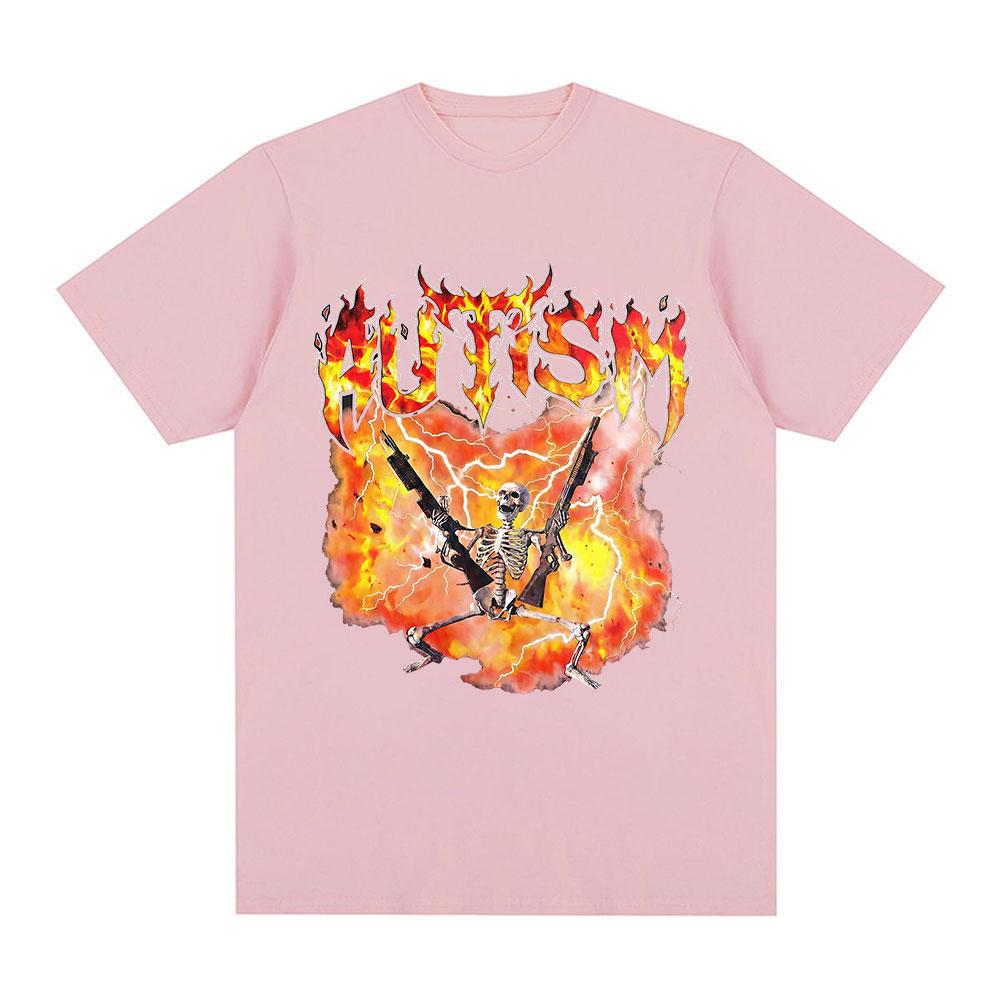 Autism Funny Skeleton Explosion Meme Tshirts Men Clothing Vintage Summer Short Sleeves Tshirt Cotton Casual Oversized T Shirts