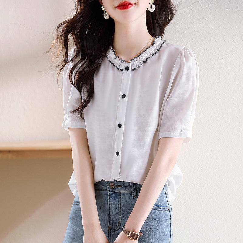 Summer Casual Versatile Top Slimming Lace Black Fungus Collar Short Sleeved Chiffon Shirt for Women Blouses & Shirts