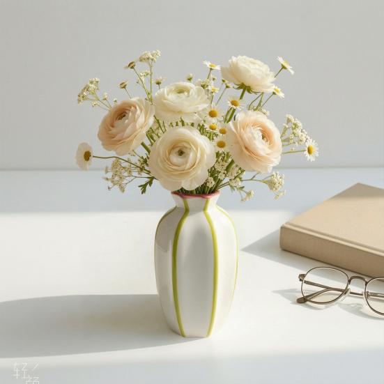 Striped Ceramic Flower Vase, Modern Decorative Vase for Fresh or Dried Flowers, Flower Holder Container for Living Room Table Centerpiece