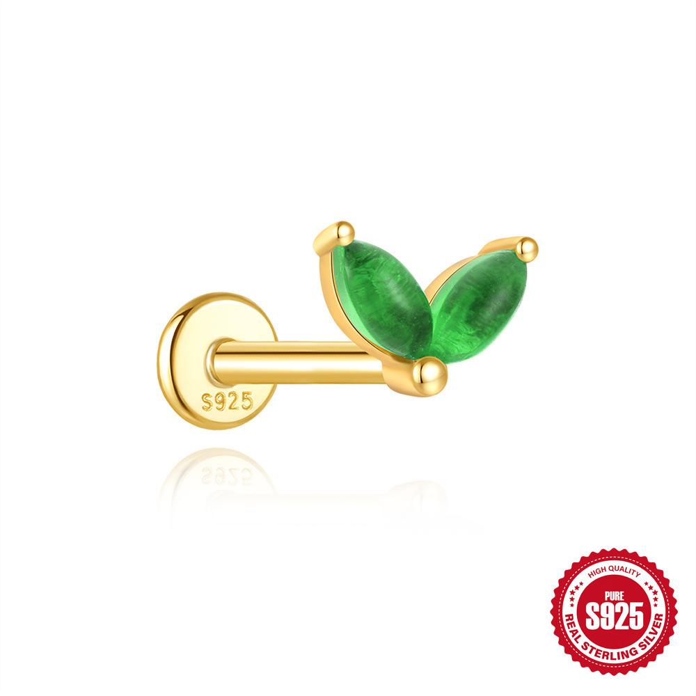 S925 Sterling Silver Green Fresh Retro Red Color Flat Head Stud Earrings Round Personality Versatile Earbone Stud Puncture