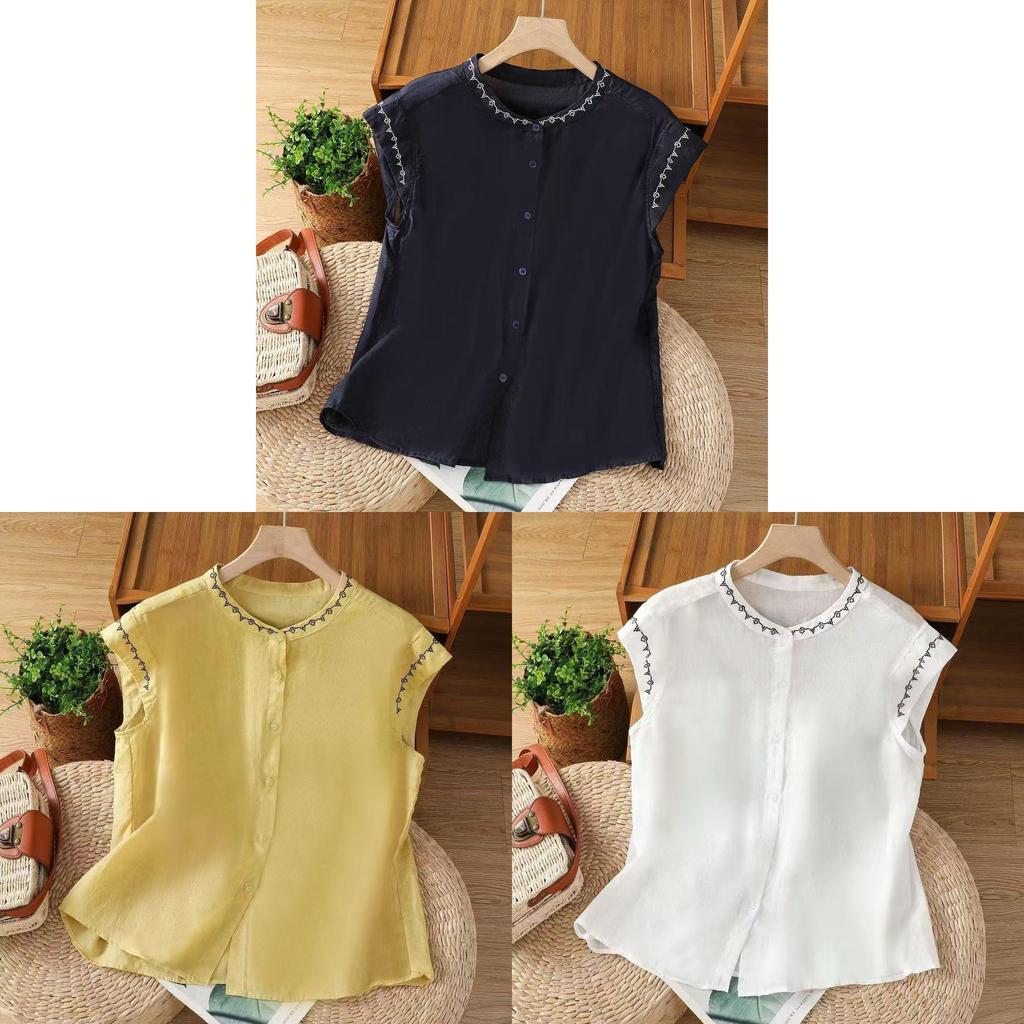 Cotton Embroidered Sleeveless Blouse For Summer Casual Women