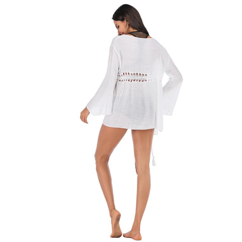 Summer Women's Loose Sun Shirt Waist Hollow Tie Swimwear Outerwear Jacket Beach Bikini Cover-Up