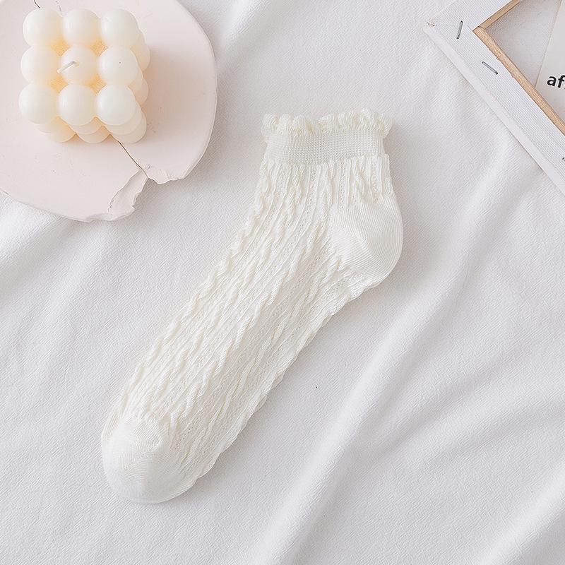 Women's Ruffle Edge Cable Knit Cotton Socks - Spring/Summer Japanese Style Short Boat Socks, Lace, Solid Colors.