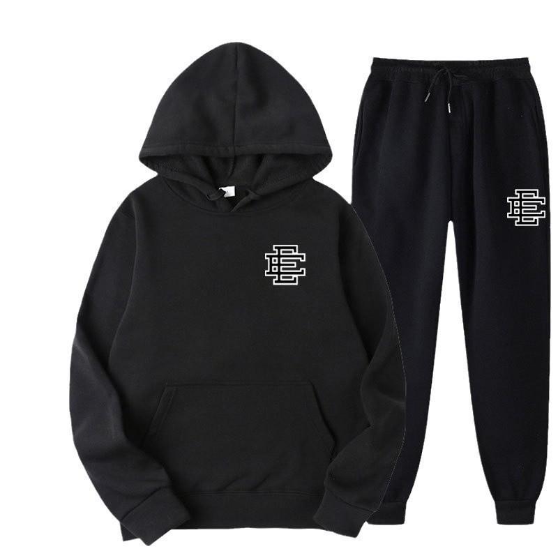 Unisex Casual Hooded Fleece-Lined Sweatshirt Pants Set Sporty Solid Color Outfit Fall