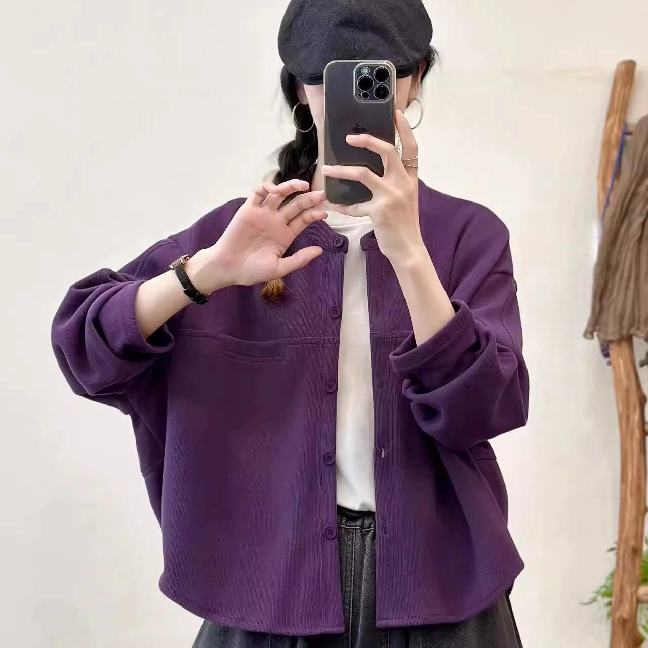 

DIMANAF 2025 Пальто Короткая куртка Женская Хлопок Однотонная Длинный рукав Карманы Модные топы Футболки Свободные футболки Новинка One Size