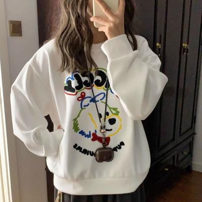 Ladies Cute Dog Fleece-lined Hoodie Korean Loose Round Neck Solid Color Hoodies Autumn Simple Versatile Female Pullover Tops