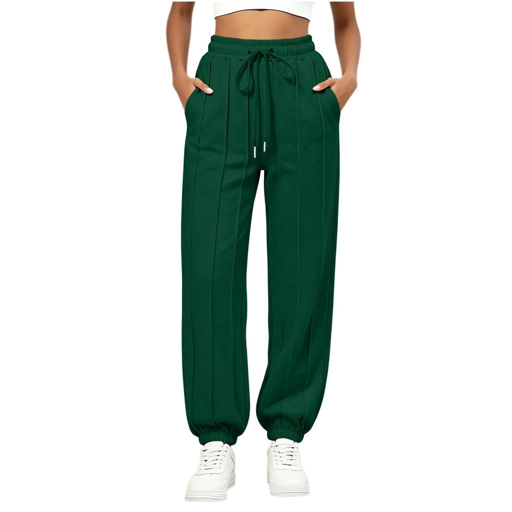 Women's Casual Color Loose Fit Drawstring Pants with Pockets and Tapered Cuffed Hem