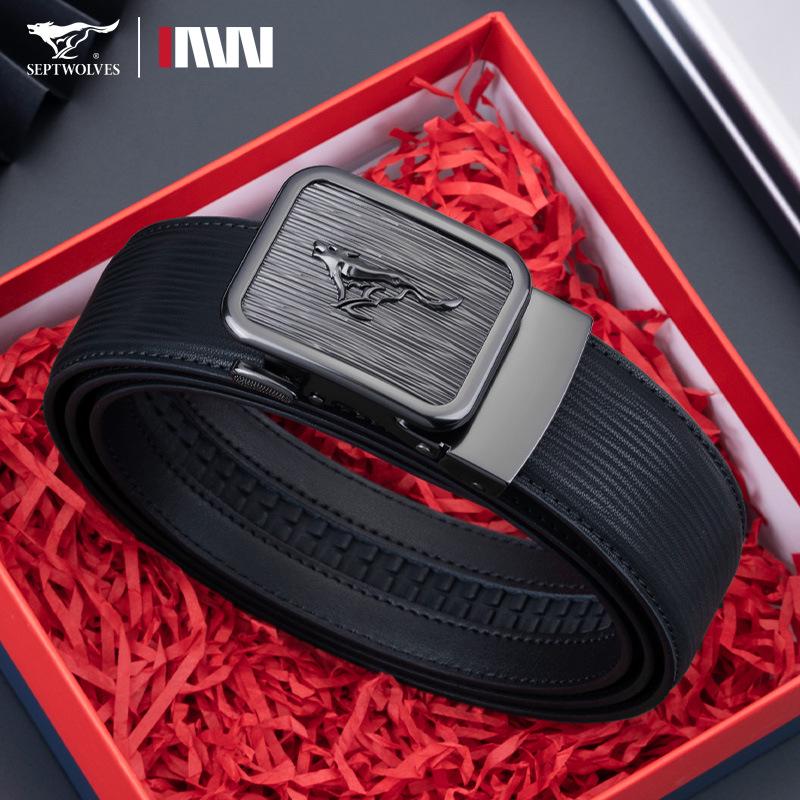 

Мужской кожаный ремень Seven Wolves - Автоматическая пряжка, Универсальный деловой и повседневный аксессуар для брюк, готовый к подарку 115 cm