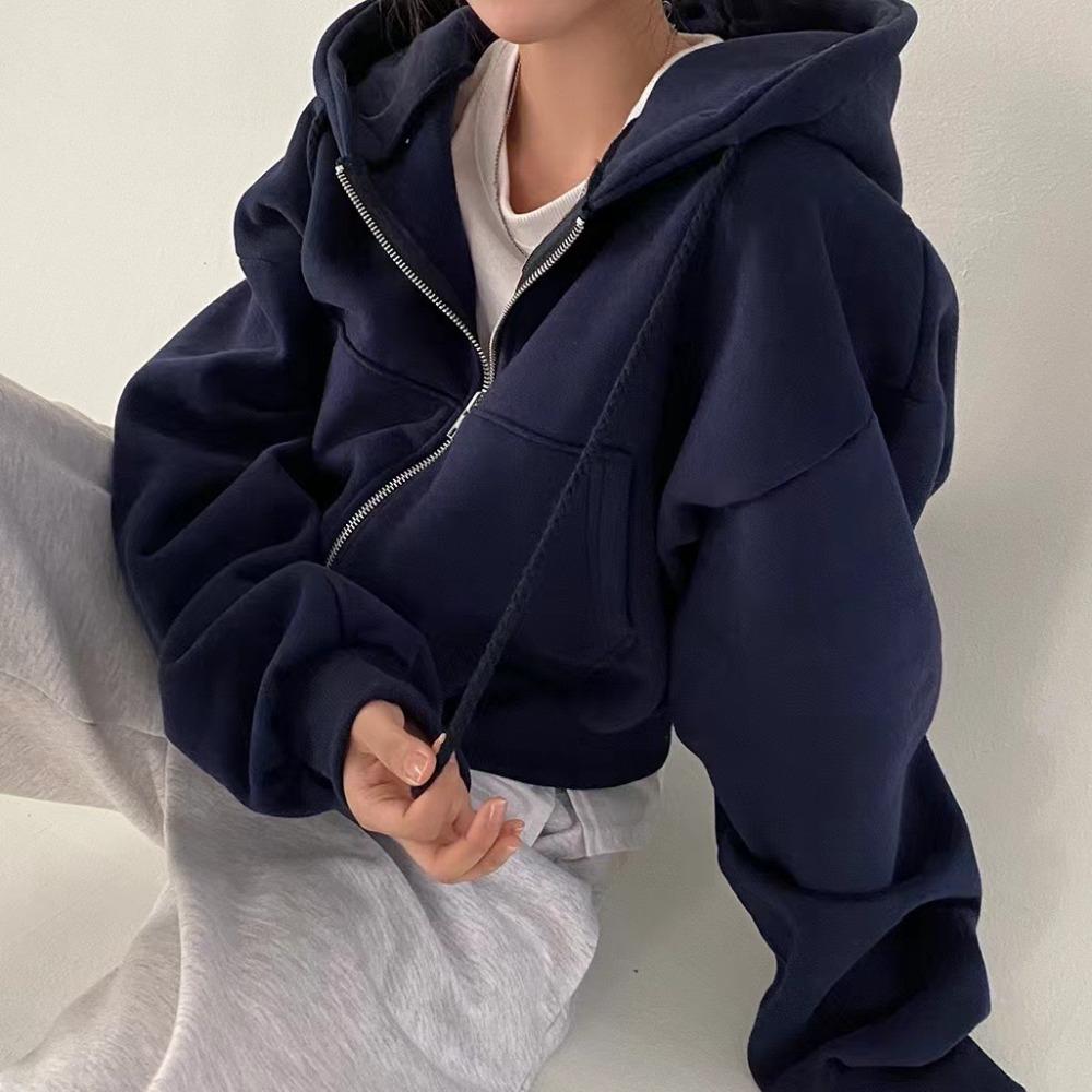 Felpa con cappuccio da donna, vestibilità aderente, corta, con zip, colore solido, calda, per autunno e inverno, giacca corta alla moda