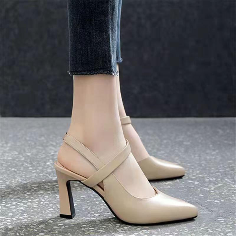 Temperament sandals women's summer new thick heel medium heel soft leather word with bag head fashion women's shoes high heels