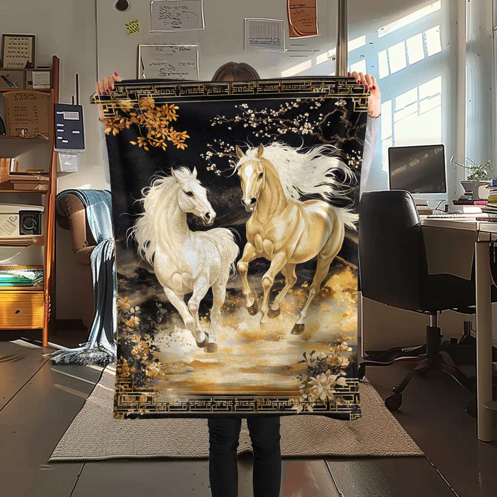 1Pc Horses Painting Print Flannel Blanket, High Quality Comfortable for All Seasons, Home Decor, Warmth and Comfort, Perfect for Christmas Gifts