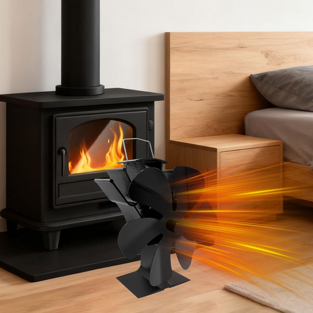New 6 Blades Heat Powered Stove Fan Eco Quiet Black Log Wood Burner Fireplace Fan Winter Warmer Home Efficient Heat Distribution