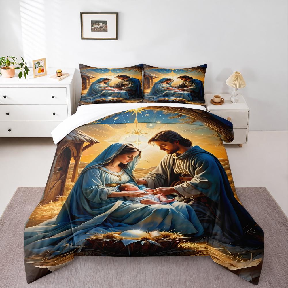 Nativity Scene Mary Joseph Baby Jesus Bedding set (1 duvet cover, 2 pillowcases, duvet not included), Star of Bethlehem Art Print