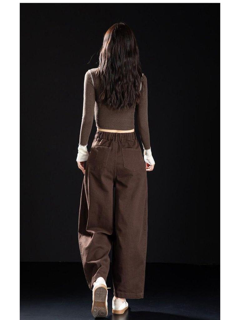 Neue Saison Cropped Weiter Bein Kaffee Hosen für zierliche Frauen, Lockere Passform, Neun-Punkt Ballon Stil Jeans