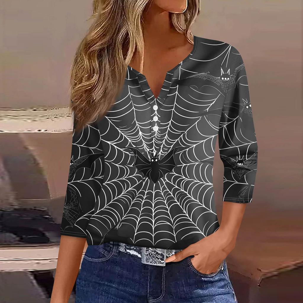 Women's Fashion Casual T-Shirt V-Neck Seven Sleeve  Printed Button Top