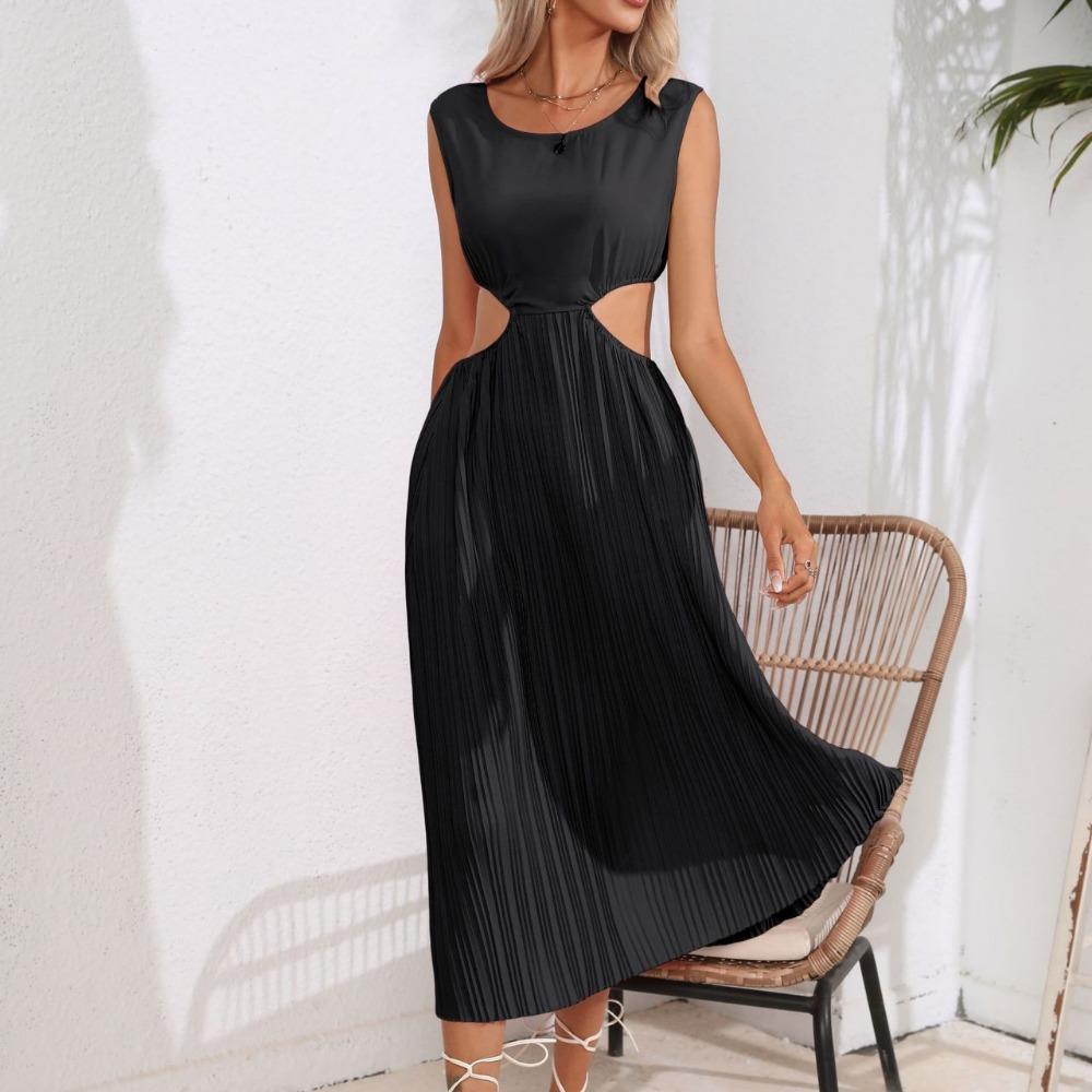 

GMXIA женские модные летние весенние однотонные повседневные платья с коротким рукавом и круглым вырезом с высокой талией и принтом XL чёрный