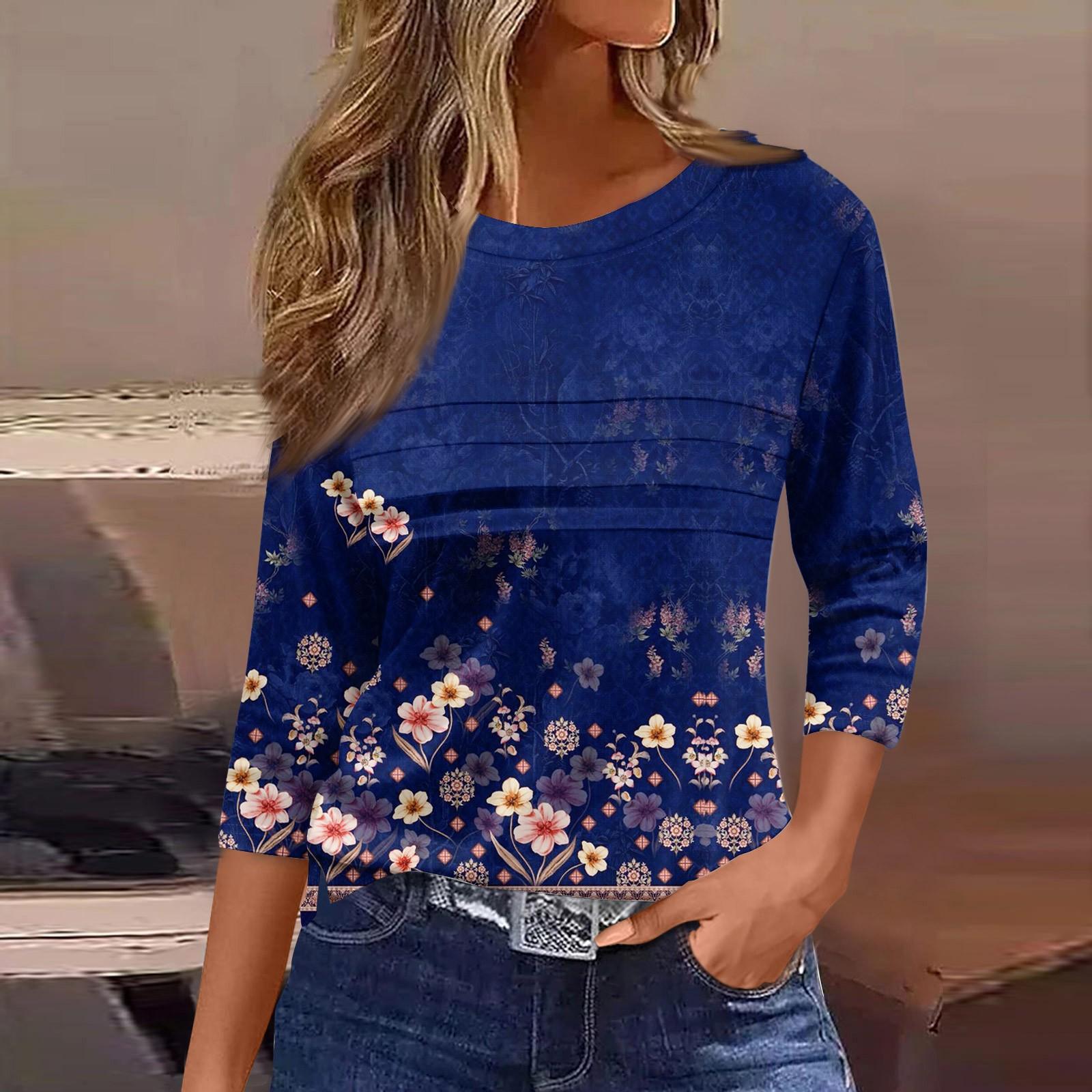 

Женская мода повседневный свободный топ с рукавом 3/4 и цветочным принтом с круглым вырезом M