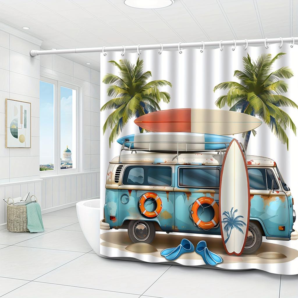 1pc Cartoon Surf Van Shower Curtain - Summer Ocean Theme, Palm Tree Scenery, Polyester,  Hooks Included, All-Season Decor