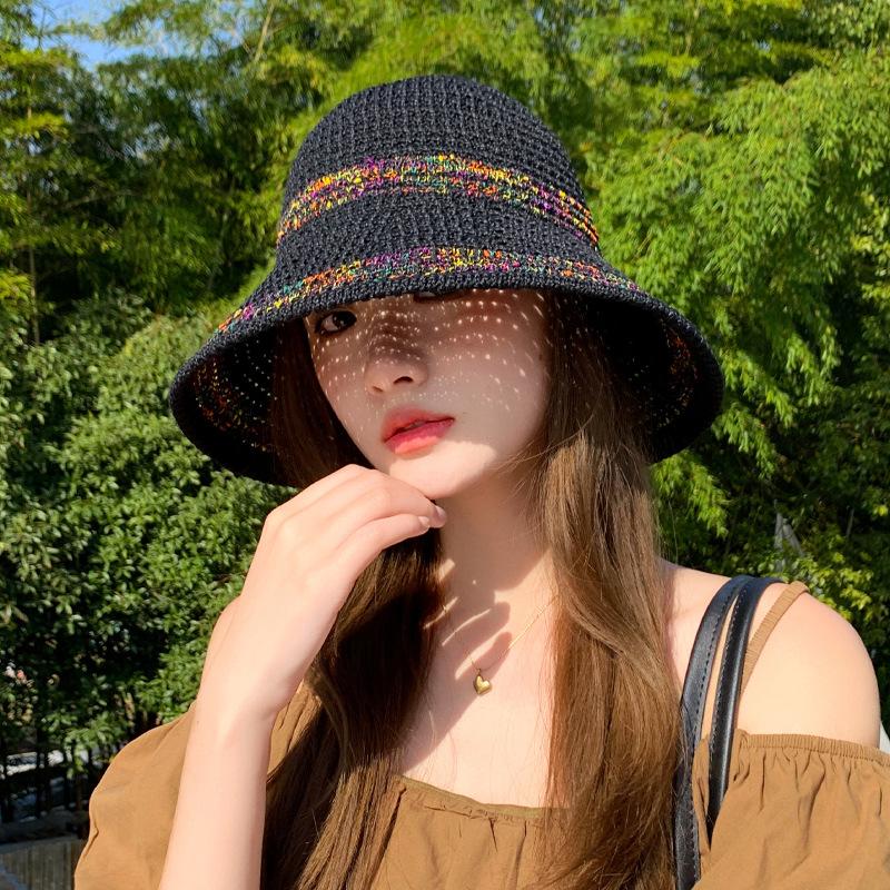 

Радужная вязаная соломенная шляпа летняя шляпа женская солнцезащитная шляпа морская пляжная шляпа-ведро дышащая маска для лица One Size
