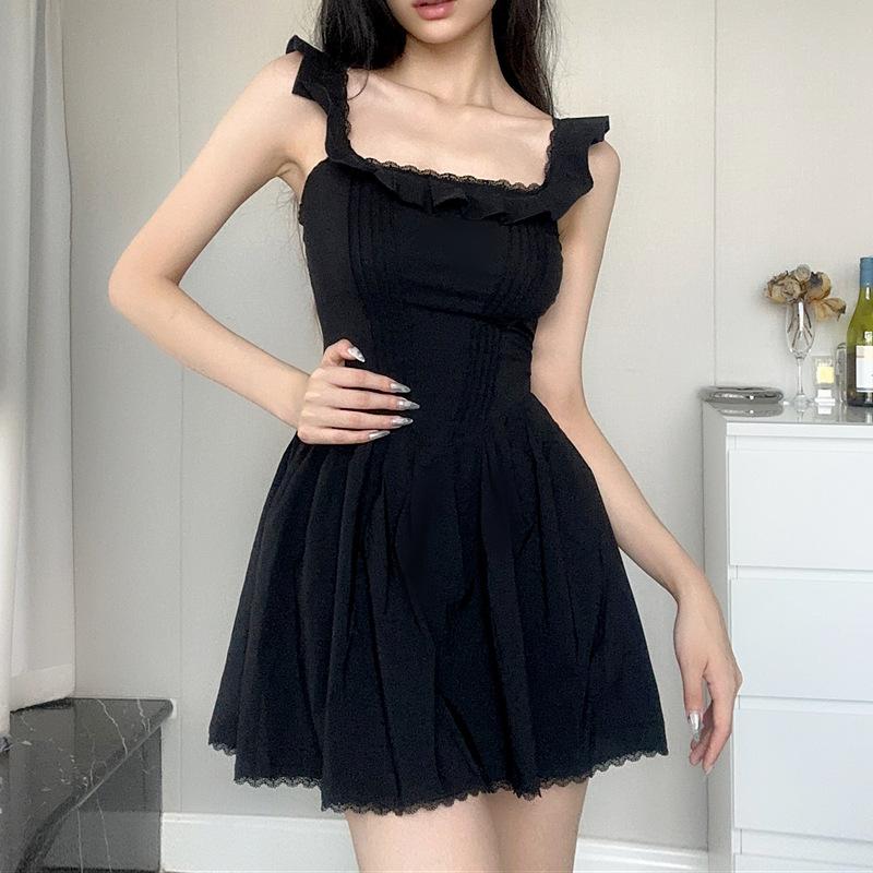 Black Dress Women Elegant Vintage Puff Sleeve Square Collar Mini Dresses Girl Little Black Skirt Women's Summer Clothing