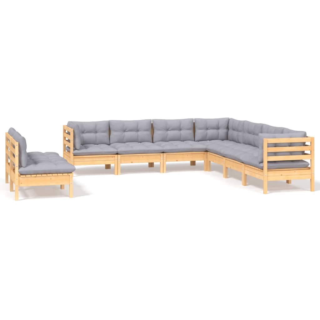 9 Piece Garden Lounge Set with Grey Cushions Solid Pine Wood