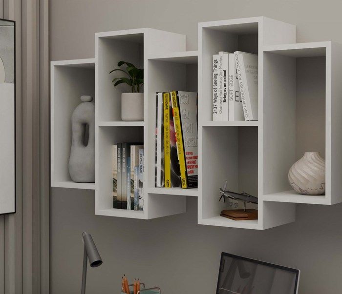 SELMA - Bibliothèque Suspendue Style Moderne Salon - 129.5x20x65 - 7 Tablettes