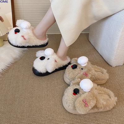 Cartoon Cute Ugly Cute Puppy Fluffy Shoes Warm Thick-soled Non-slip Bag Head Slippers 2025 Winter New Indoor Comfort