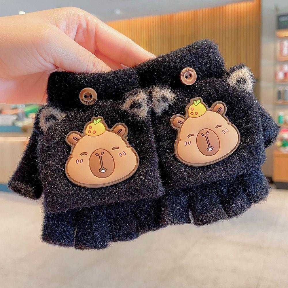 New 6-10 Years Old Half Finger Gloves Thickened Cute Capybara Winter Flip Gloves Elastic Warm Writing Gloves Outdoor