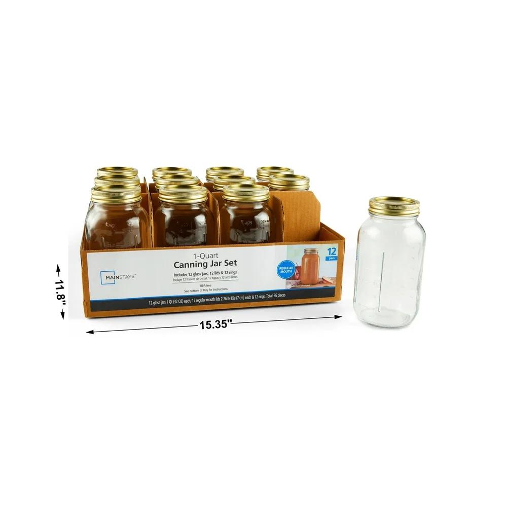12 Pack 1 Quart Glass Canning Jars with Lids and Rings Airtight Regular Mouth Dishwasher Safe Food Storage Preserving