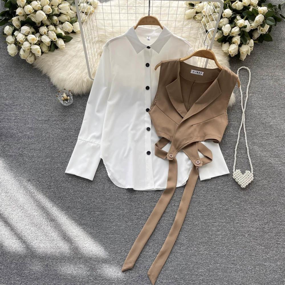 Hochwertiger zweiteiliger Anzug, Damen Herbstmode, Ausländischer Stil, Modisches Layering, Kurzes Westentop, Weißes langärmeliges Hemd