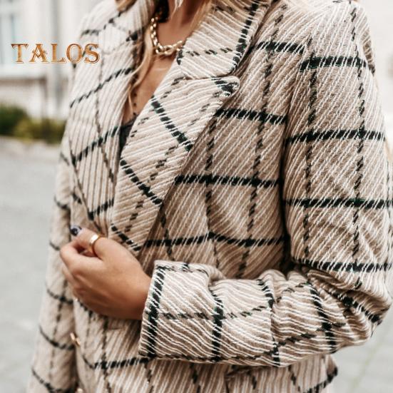 Damen Winter Herbst Mantel Umlegekragen Karomuster Zweireihig Lange Ärmel Dicke Mittellange Jacke für Dating Pendeln Büro