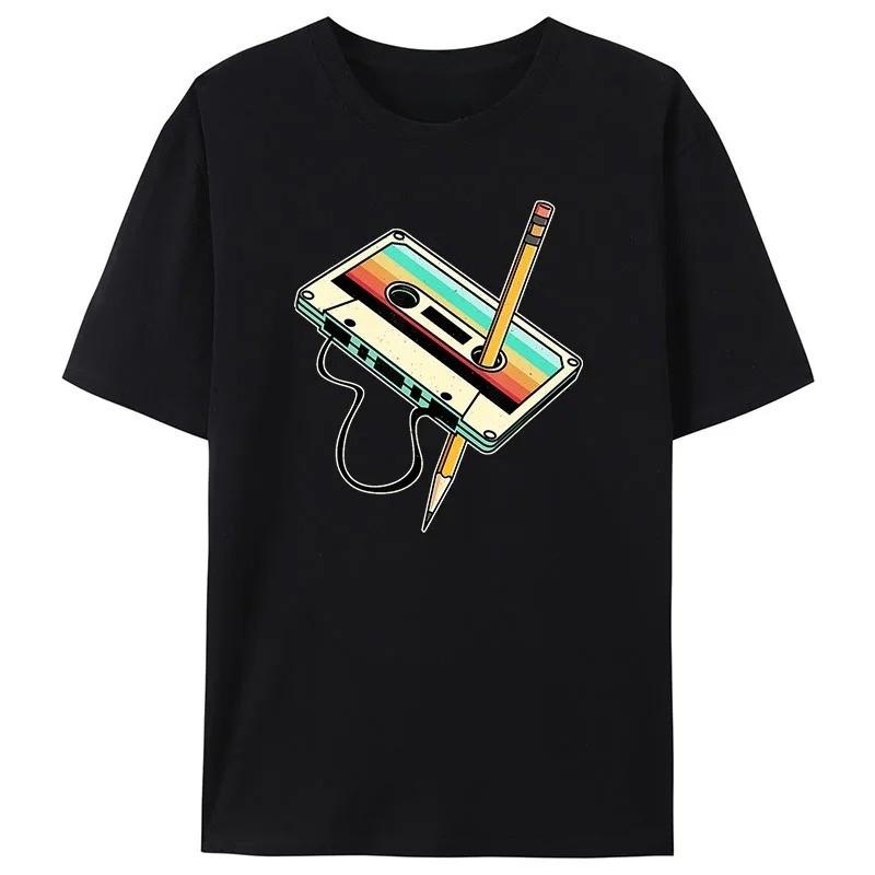 Men Short Sleeve Cassette Tape Pencil 1980s Retro Vintage Throwback Music T-Shirt Women Clothing Vintage T Shirt Camisetas