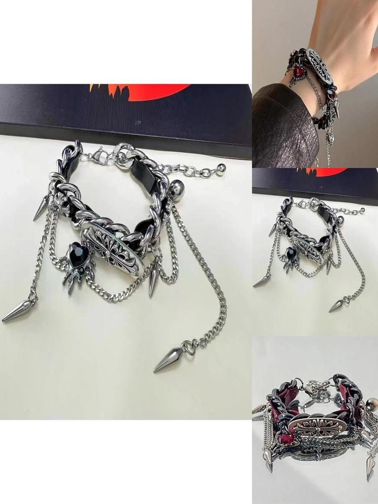Y2k Gothic Punk Red Leather Bracelet Alloy Electroplated For Men And Women