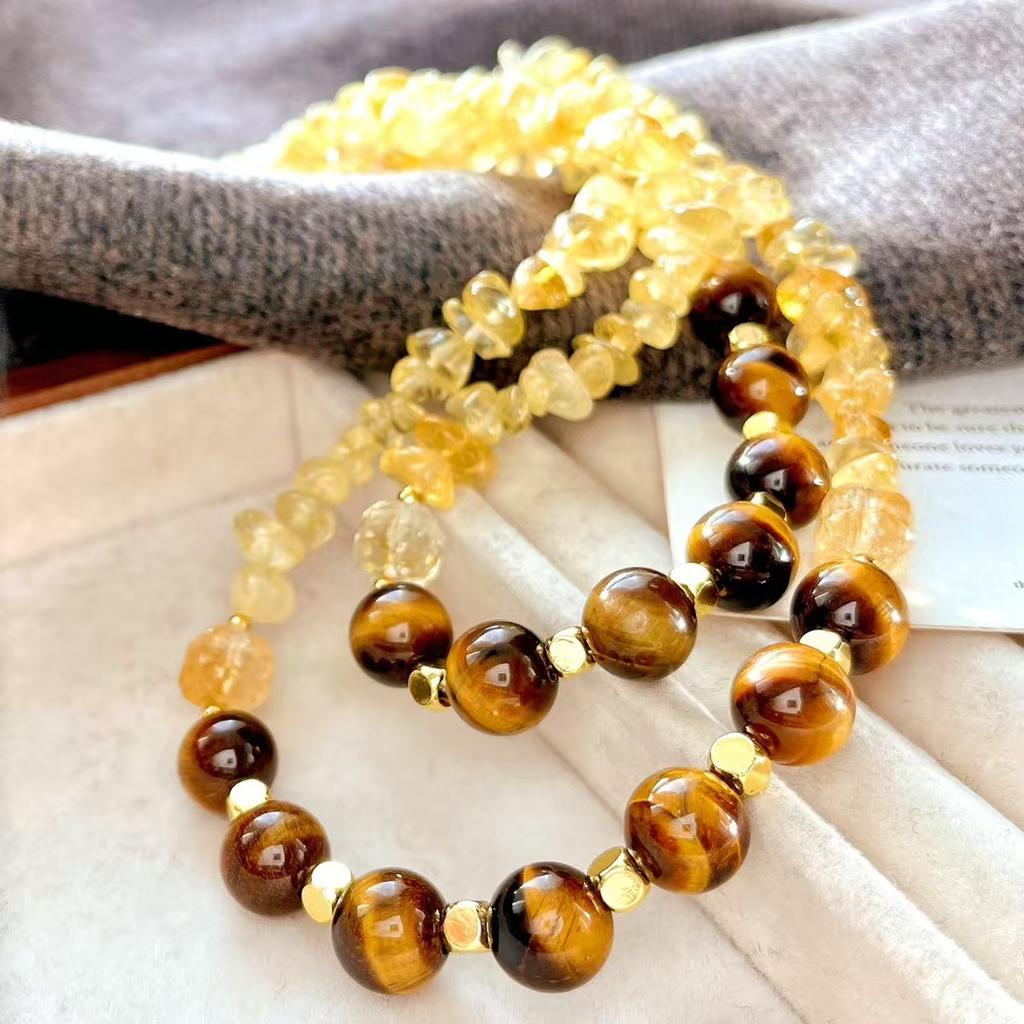 High Matching Retro High Quality Maillard Natural Tiger'S Eye Stone Citrine Collarbone Chain Necklace