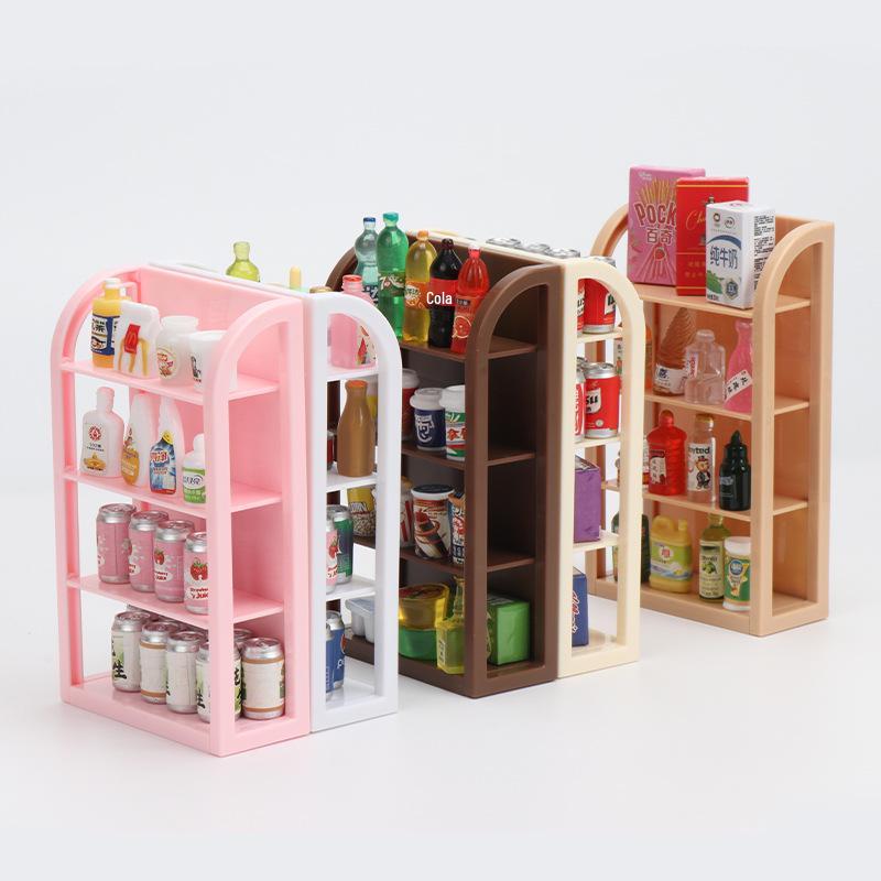 Miniature Supermarket Shelf Dollhouse Toy – Snacks & Drinks Pretend Play Storage Rack