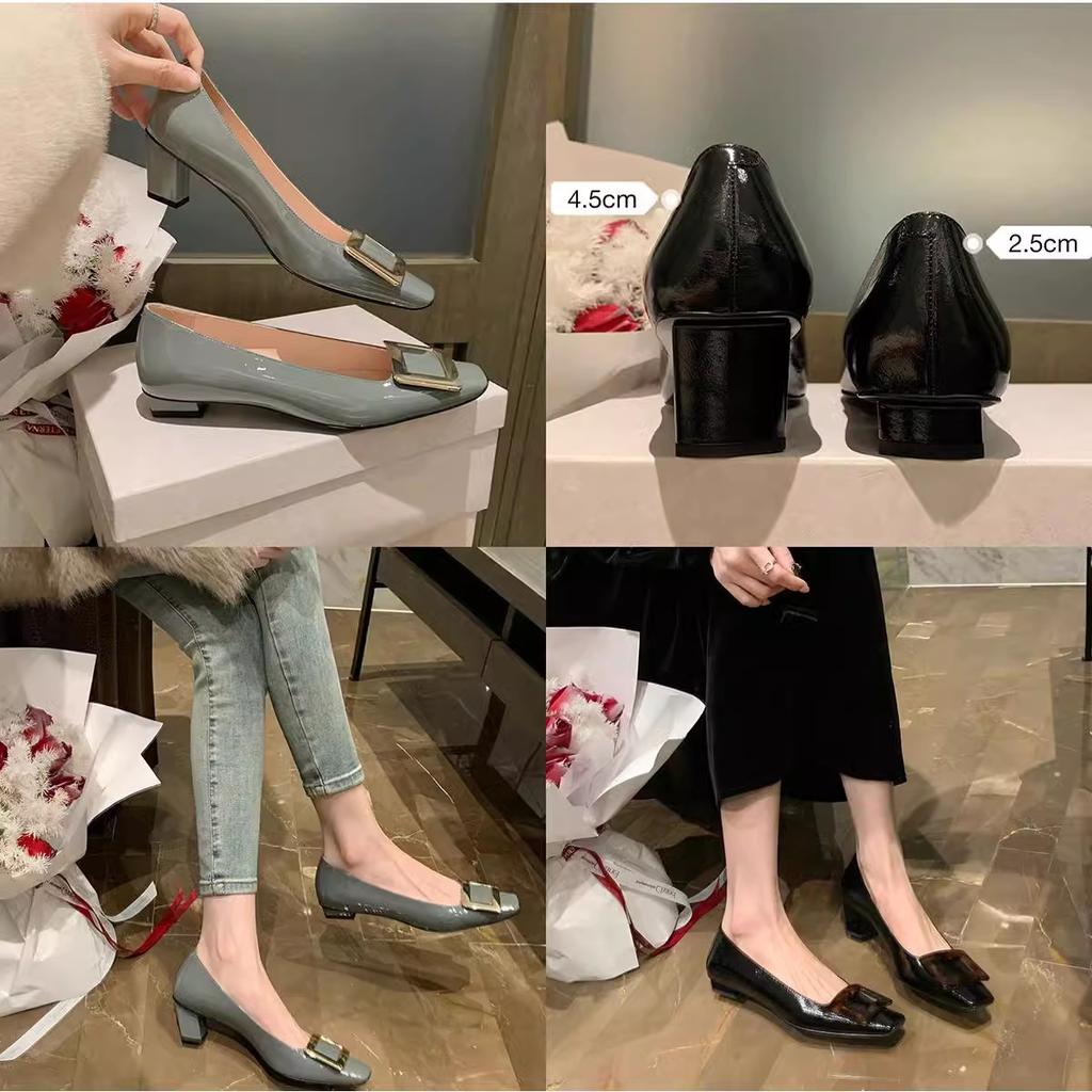 Cowhide Version~ Classic, Elegant, Light Mouth Temperament, Square Head, Thin and Versatile, Thick Heel, Square Buckle, Single Shoes for Women