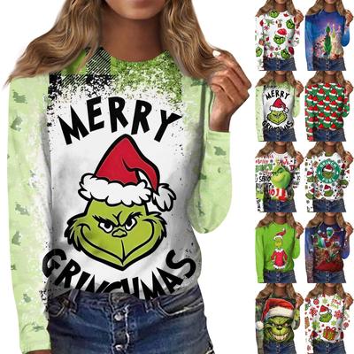 Damenmode, lässig, langärmelig, Weihnachtsdruck, Rundhalspullover, Top-Bluse