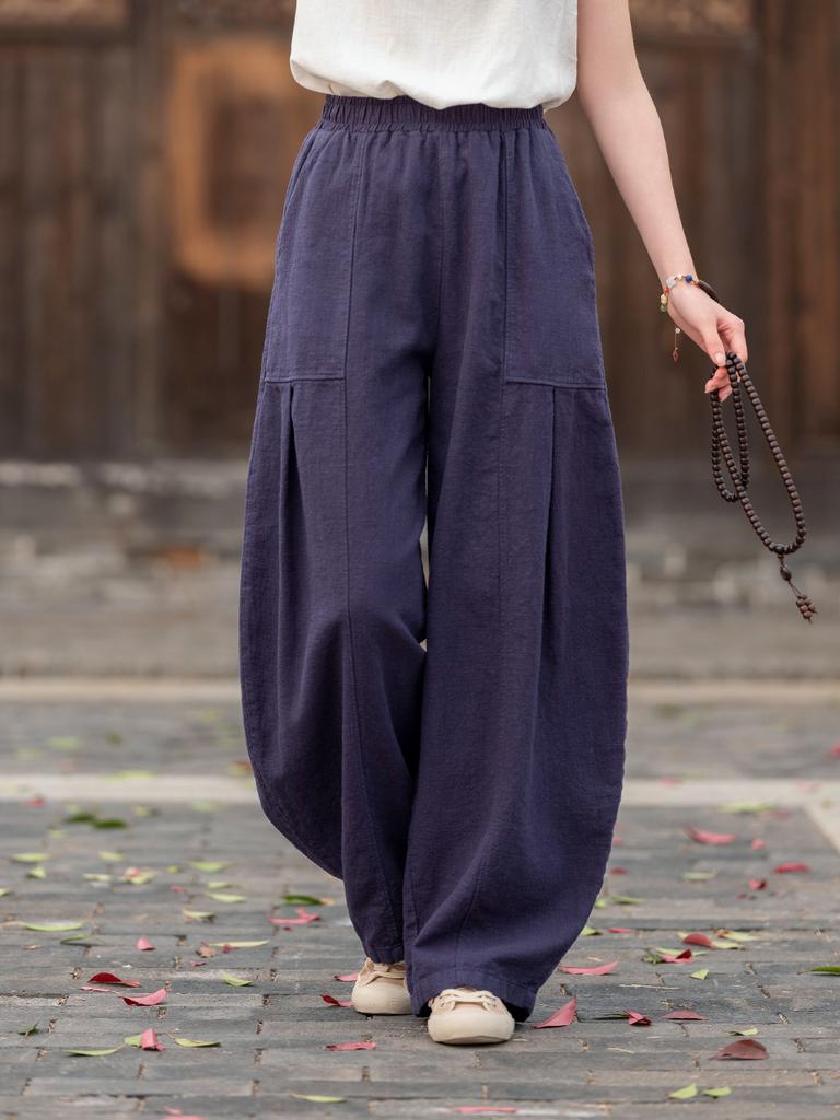 Women Vintage Bloomers Pants Solid Color Elastic Waist Pockets Trousers Spring Autumn Loose Women Cotton Pants