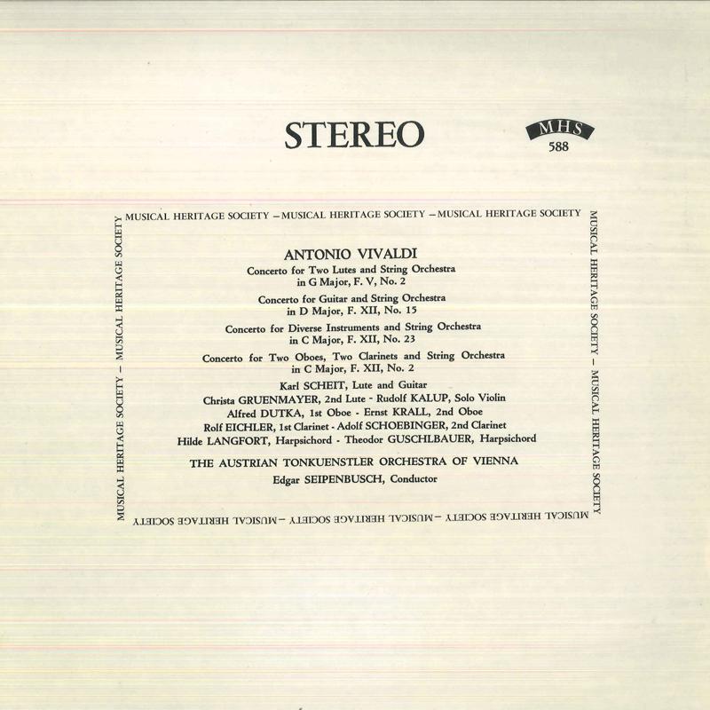 

LP Record TONKUNSTLER ORCHESTRA KARL SCHEIT Antonio Vivaldi Concerto For Two Lu MHS588S MUSICAL HERITA 196 US Classical Used