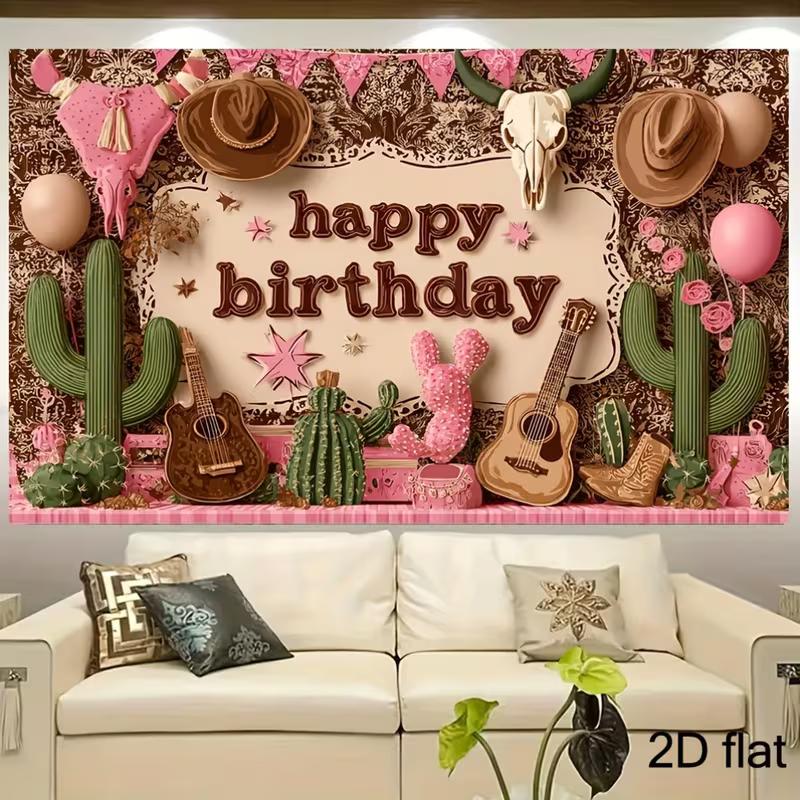 2D Pink Brown Country Cowboy Hat Boot Birthday Photography Backdrop Decor