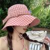 Japanese Style Women's Sun Protection Plaid Hat with Butterfly Knot - Wide Brim for a Slimmer Look