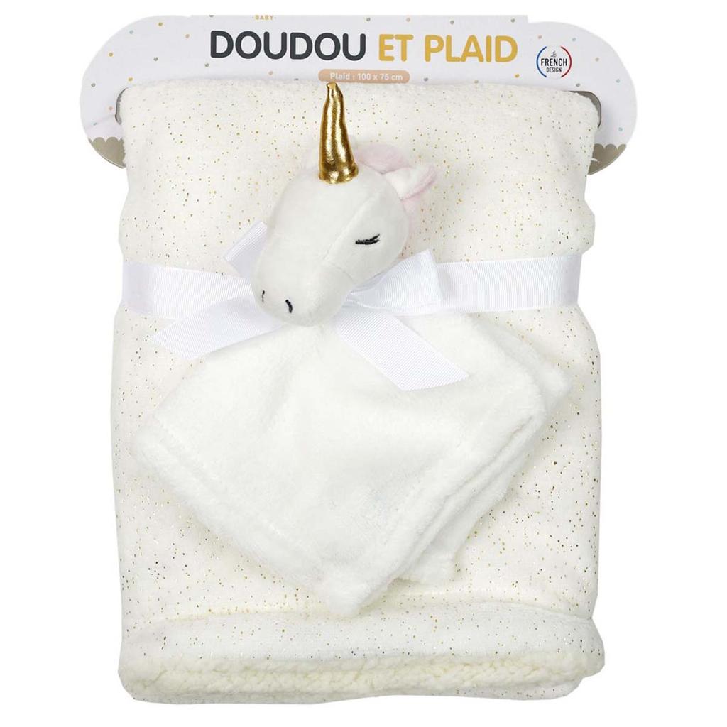 Les Trésors De Lily [A0887] - Plaid și consola 'Licorne My Unicorn' fildeș - 100x75 cm