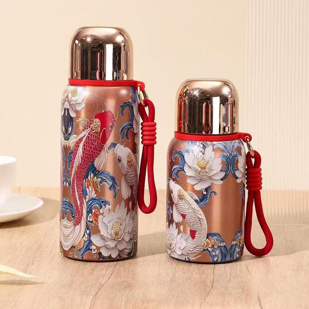 Guofeng Koi Pattern 304 Stainless Steel Thermos Cup Peacock Pattern Portable Lanyard High Value Water Cup Business Gift