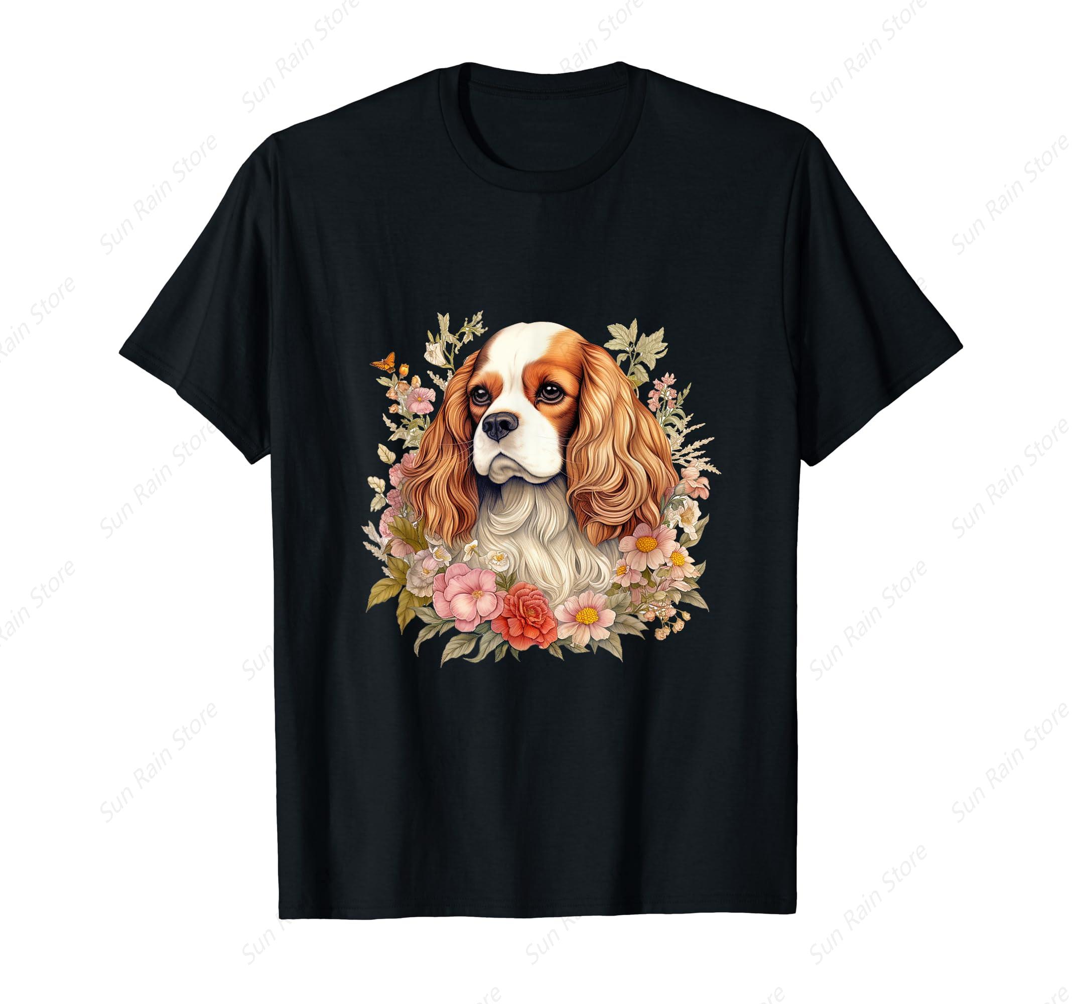 

Cavalier King Charles Spaniel Dog With Flowers Floral T-Shirt - Men s Summer Cotton Graphic Tee S разноцветный