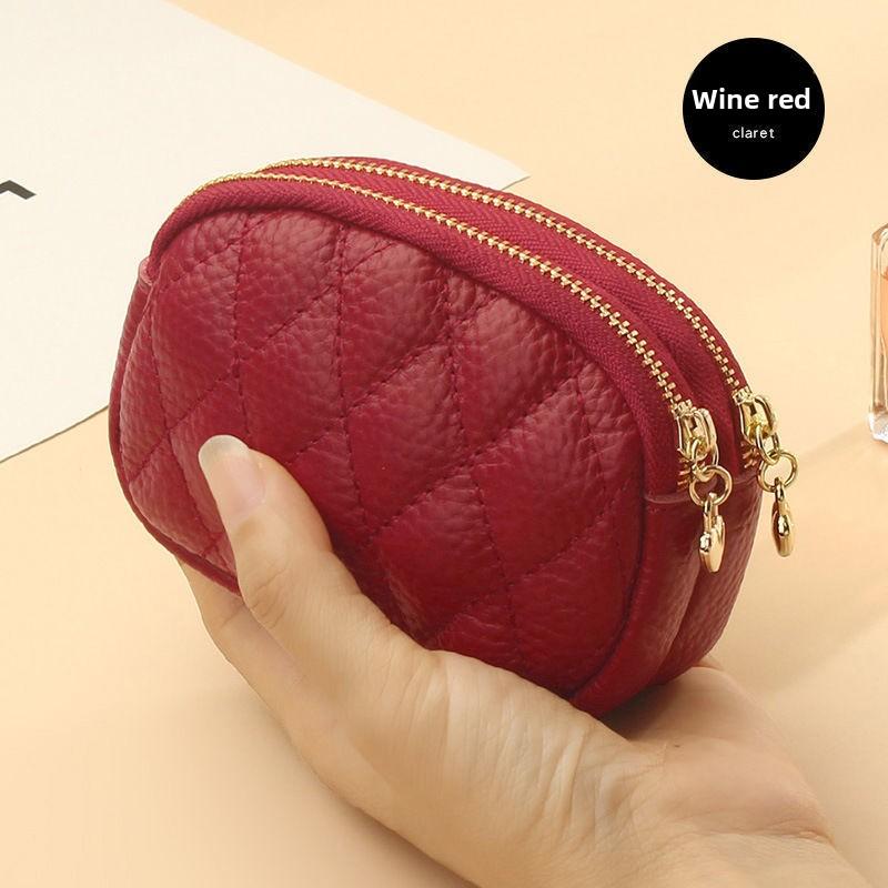 Rhombus Texture Key Ring Coin Bag Double Zipper Leather Small Change Bag Women's Mini Card Holder