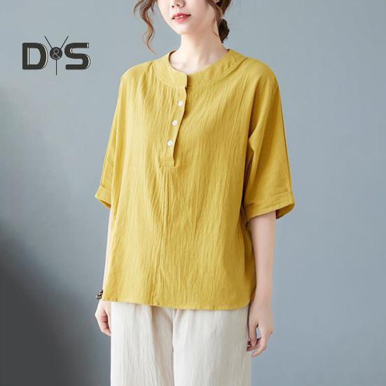 Women's Casual Two-Piece Set 3/4 Sleeve Crew Neck Button Top Wide Leg Pants Set Summer Loose Loungewear Outfit